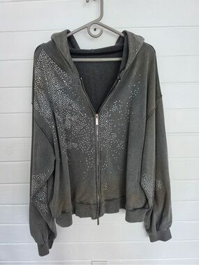 Charcoal Gray Zip-Up Hoodie with Rhinestone Accents